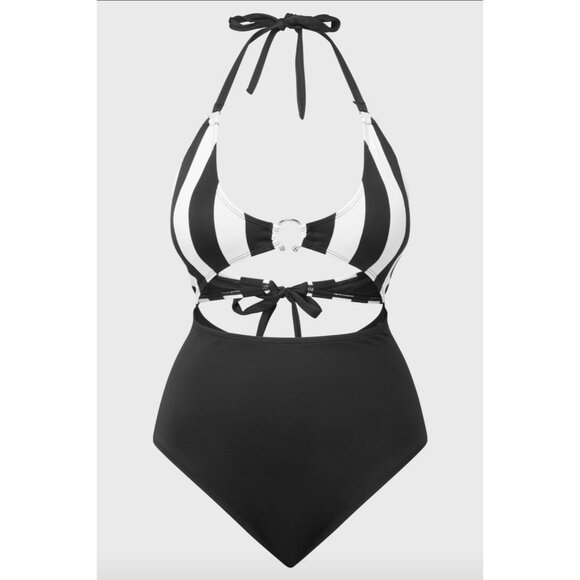 Killstar ✦ Pollienar Swimsuit XS ✦ Striped Cutout Halterneck Gothic One-Piece - Picture 5 of 7